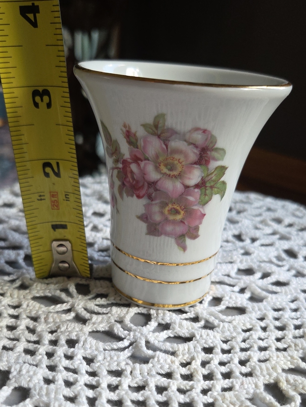 Porcelain Pink Floral Bud Vase with Gold Trim